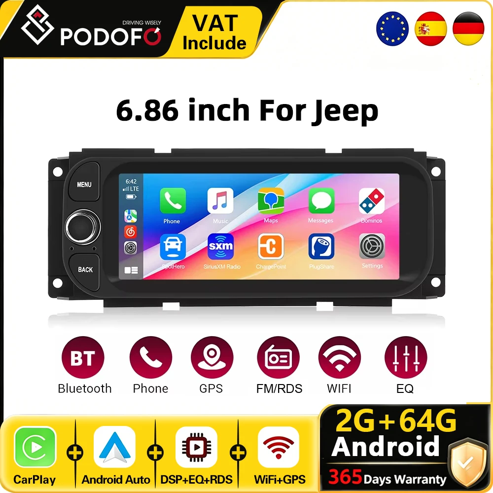 Radio Android Podofo CarPlay para Jeep Chrysler 300M Dodge 2002-2005, reproductor multimedia para coche, 2din, GPS, estéreo, RDS, sistema inteligente 1