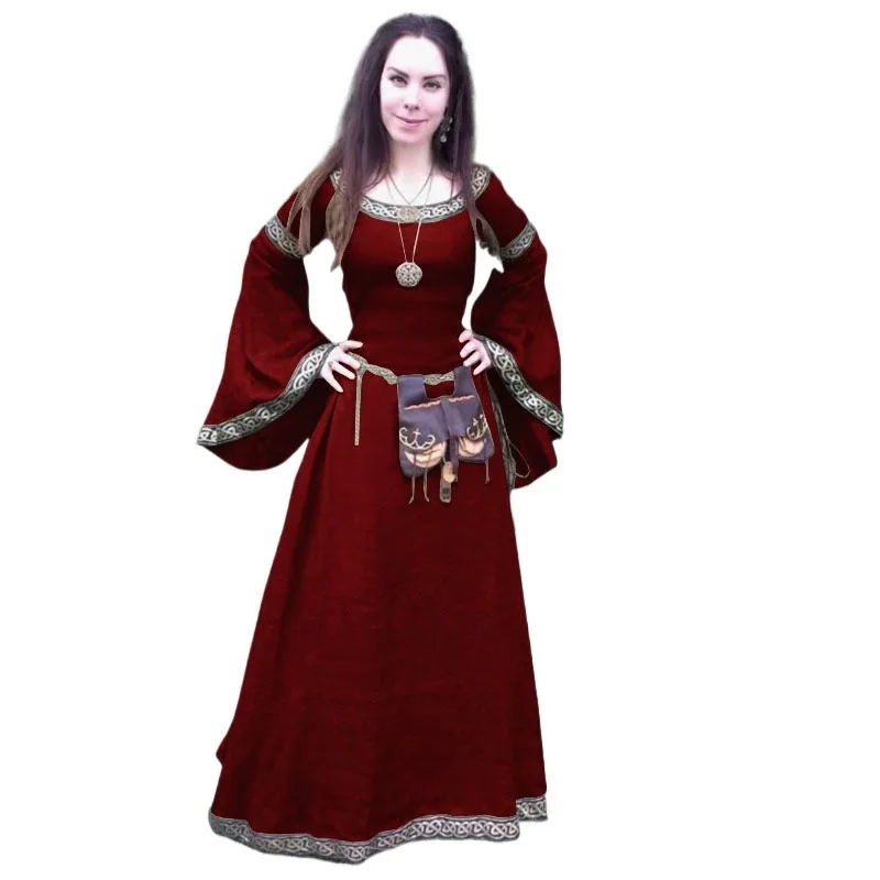 Halloween-Kostüm Kleid Damen – Langarm, Bodenlang, Mit Trompetenärmeln, Gothic-Renaissance-Stil, Polyester, In Größen S-XXL