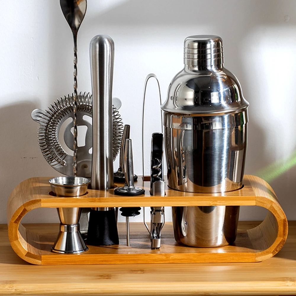 Stainless Steel Cocktail Shaker Mixer Bartender Browser Kit Bars Set Tools Jigger Mixer Muddler Pourer Spoon with Bamboo Stand