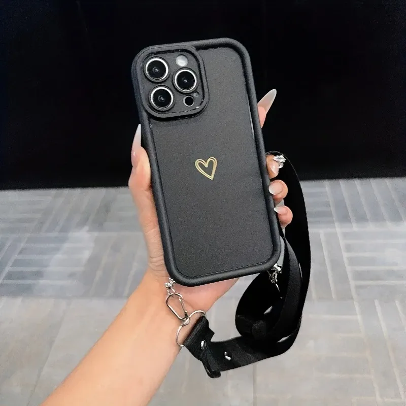 Luxury Gold Heart Phone Case with Adjustable Hanging Rope