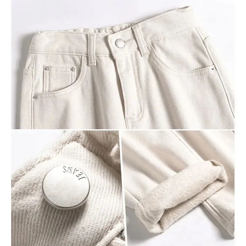 Student Trousers Streetwear Thick Black Denim Pants Korean Fashion Beige Velvet Winter Jeans Women Casual Loose High Waist Harem