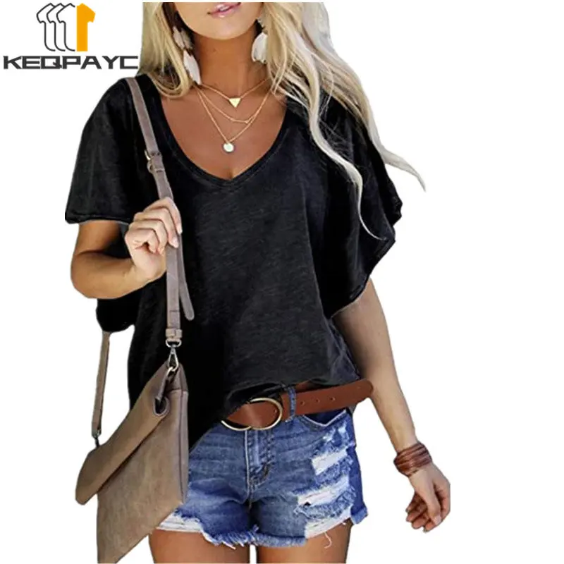

Summer Women's Fashion T Shirt New 2023 Women Sexy V-neck Ruffles Short Sleeve Loose Solid T-Shirt Ladies Casual Tops Tees