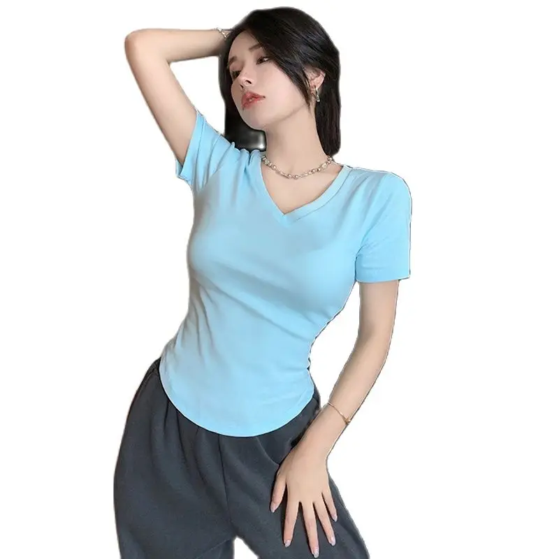 

Candy Color Women T-shirt Short Sleeves V-neck Cotton Super Elastic Summer Women Top
