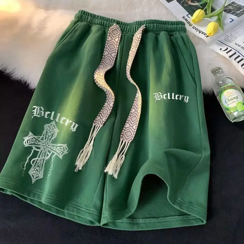 2024 New Summer Thin American Casual Loose Sports High Street Trendy Brand Drawstring High Waist Printed Split Pants for Men