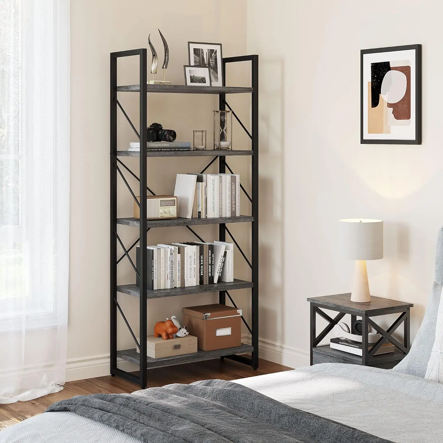 

5 Tiers Bookshelf, Industrial Artsy Grey Bookcase Bookshelves, Storage Rack Shelves Books Holder Organizer for Movies