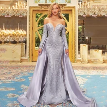 

Strapless Full sleeve Satin Evening Dresses For Women Floor Length Applique Draped Party Gown Backless Sweep Train Prom Dress