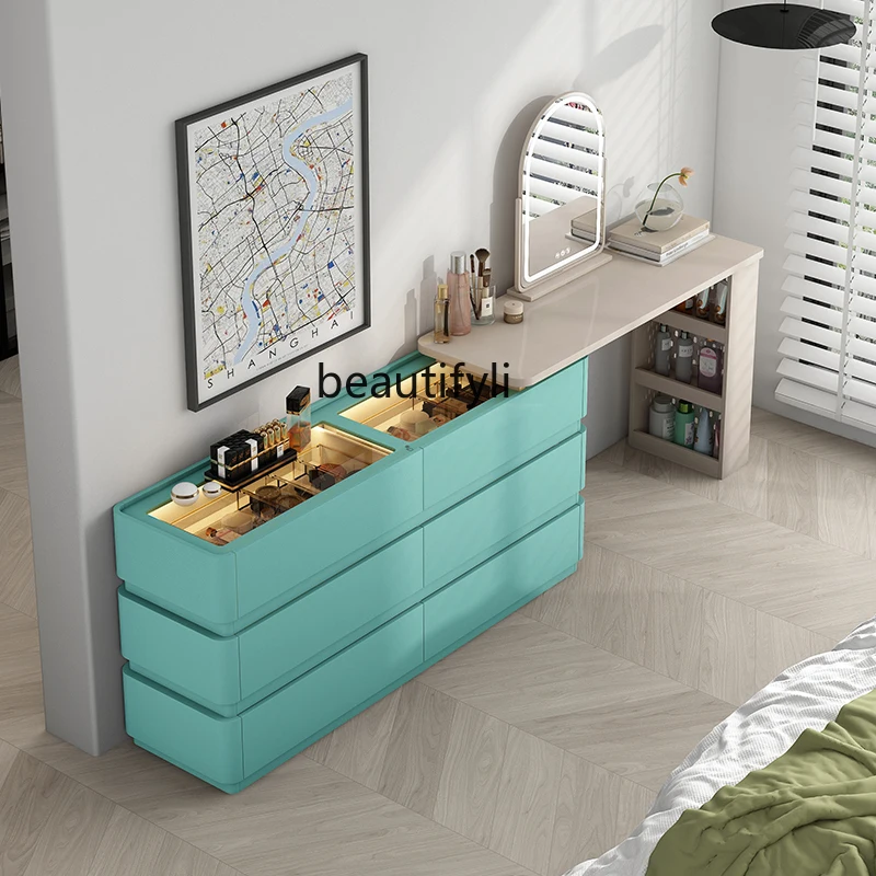 

Cream Style Ultra-Thin Dresser Chest of Drawers Integrated Bedroom Solid Wood Extremely Narrow Bed Front Cabinet Retractable