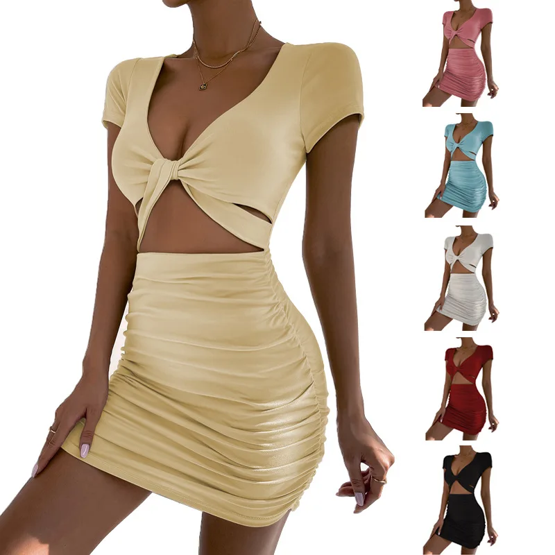 

SKMY 2023 New Women's Short Sleeve Summer European and American Fashion Sexy V-Neck Open Waist Leak Belly Wrap Hip Dress Thin