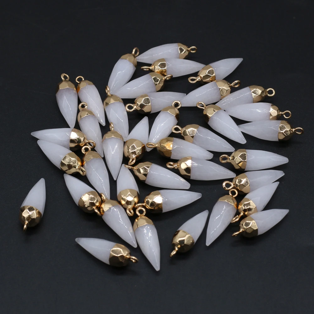 

New 2pcs Natural White Jades Pendant Charms Cone Shape Agates Stone Pendant Charms for Jewelry Making DIY Necklace 8x25mm