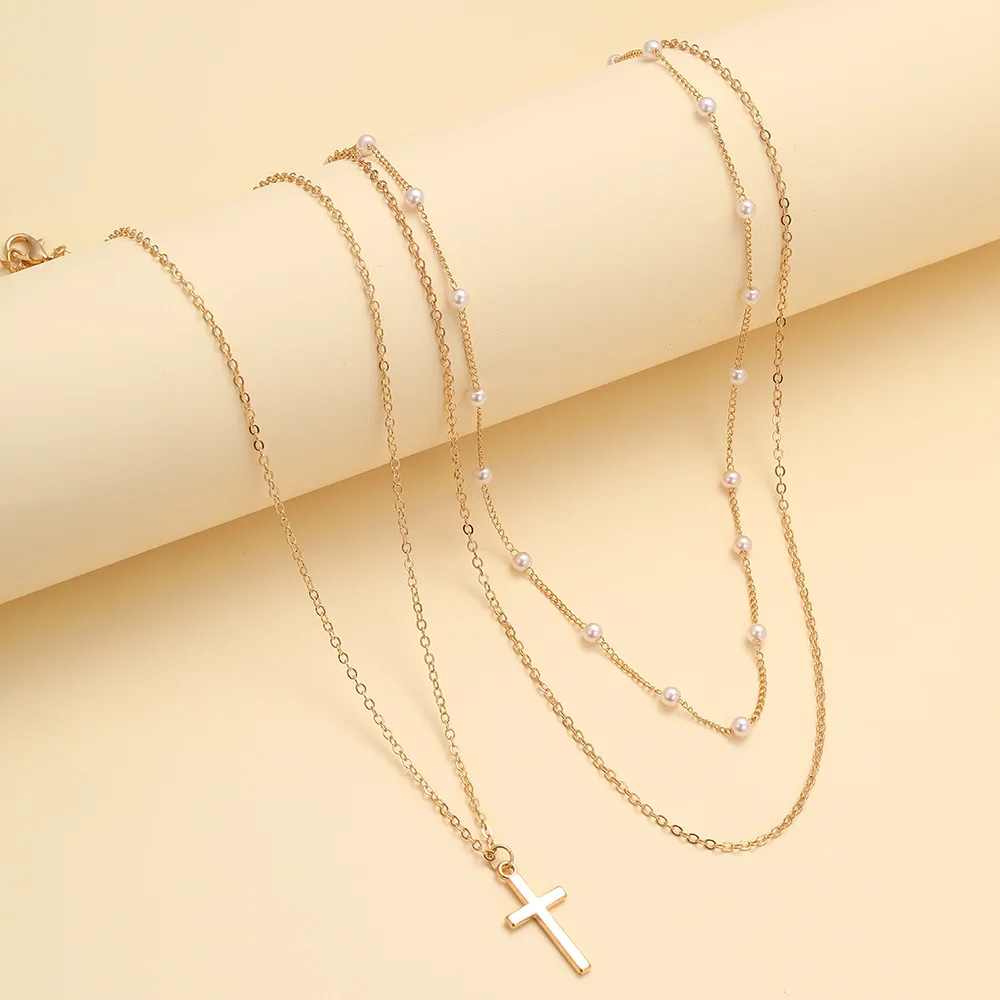 2025 Pearl Cross Pendant Necklace for Women Charms Fashion Bohemia Gold Color Clavicle Chain Female Vintage Jewelry Trendy Gifts