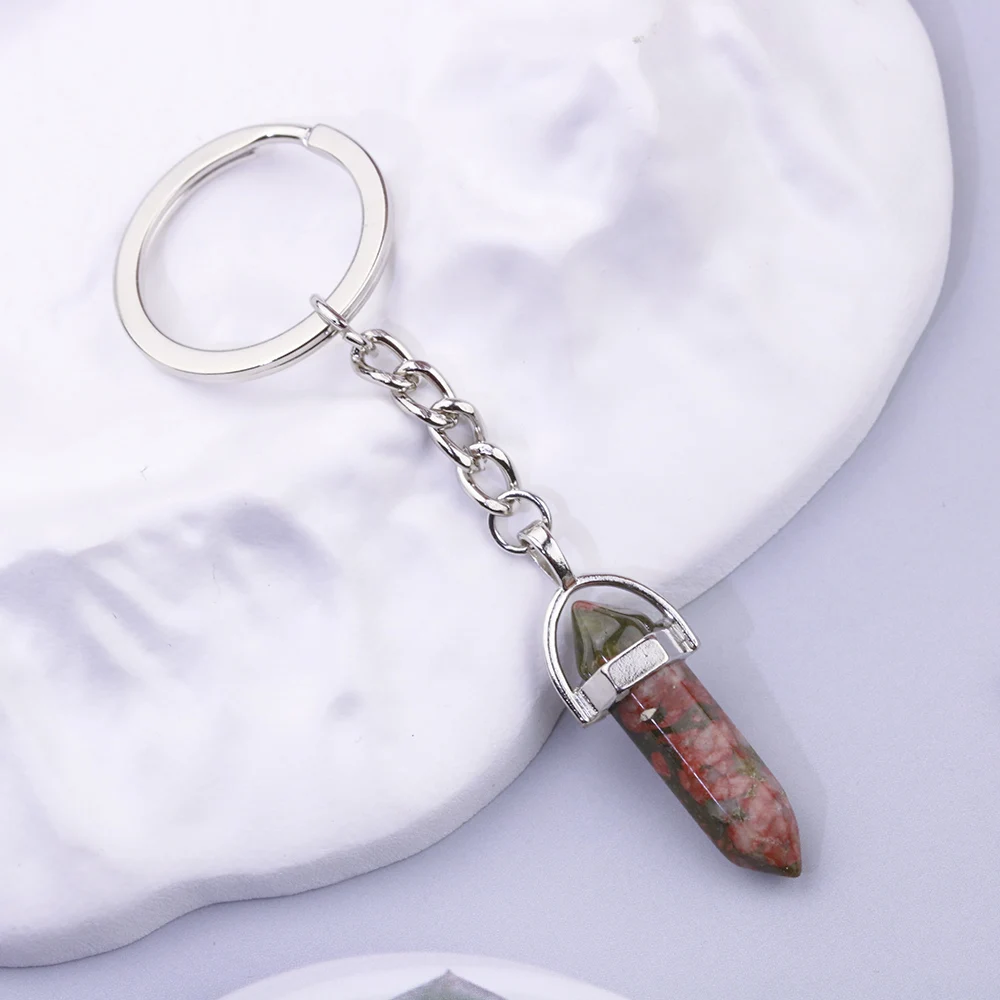 20pcs Natural Six Angle Raw Ore Stone Keychain Crystal Quartz Women Men Car Key Ring Holder  Keyring Jewelry