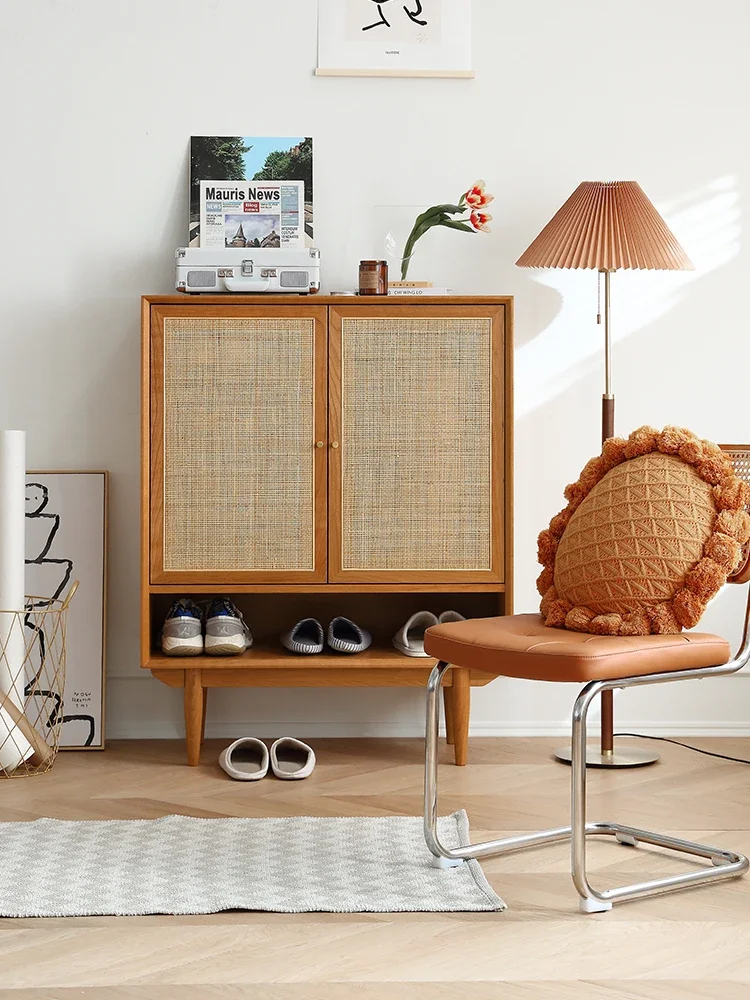 

Nordic solid wood shoe cabinet rattan Japanese cherry wood porch cabinet storage household large-capacity lockers