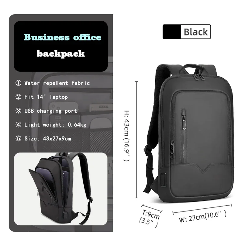 HK Schlanker Rucksack für Herren, 15,6-Zoll-Laptoptaschen, wasserdichter, minimalistischer Business-Rucksack mit USB-Aufladung, lässige Reise-Arbeitstasche