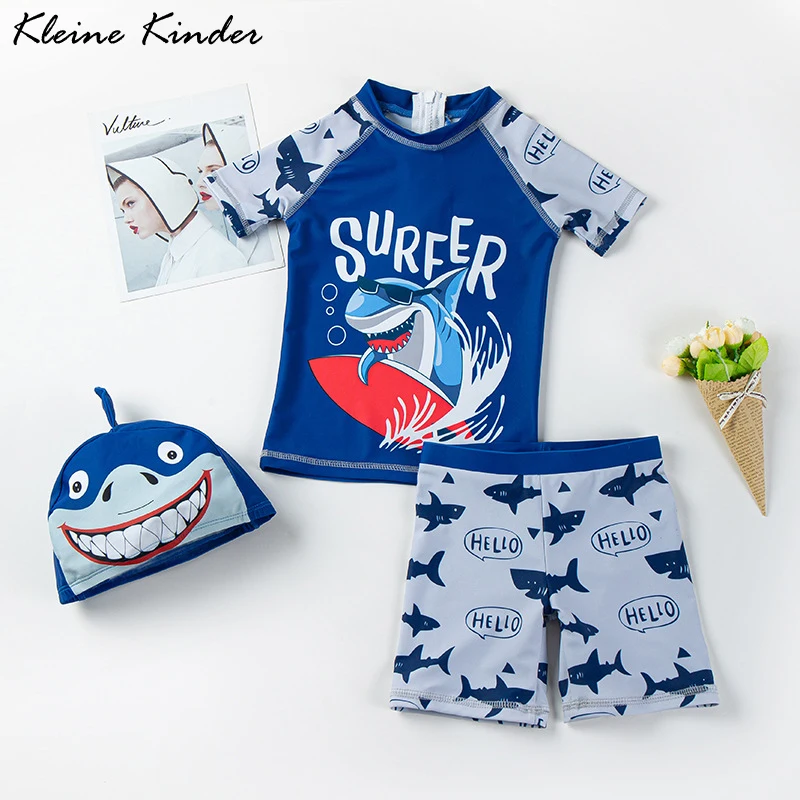 소년용 자외선 차단 아기 수영복, 상어 프린트 반팔, 어린이 래시가드, 유아 목욕 세트, UPF50 