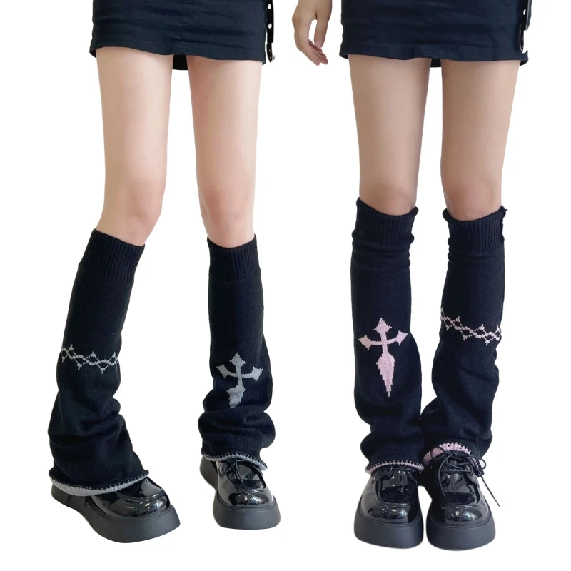 

Harajuku Women Lolita Knitted Leg Warmer Socks Gothic Cross Print Knee High Flared Hem Foot Cover Stockings Streetwear M6CD