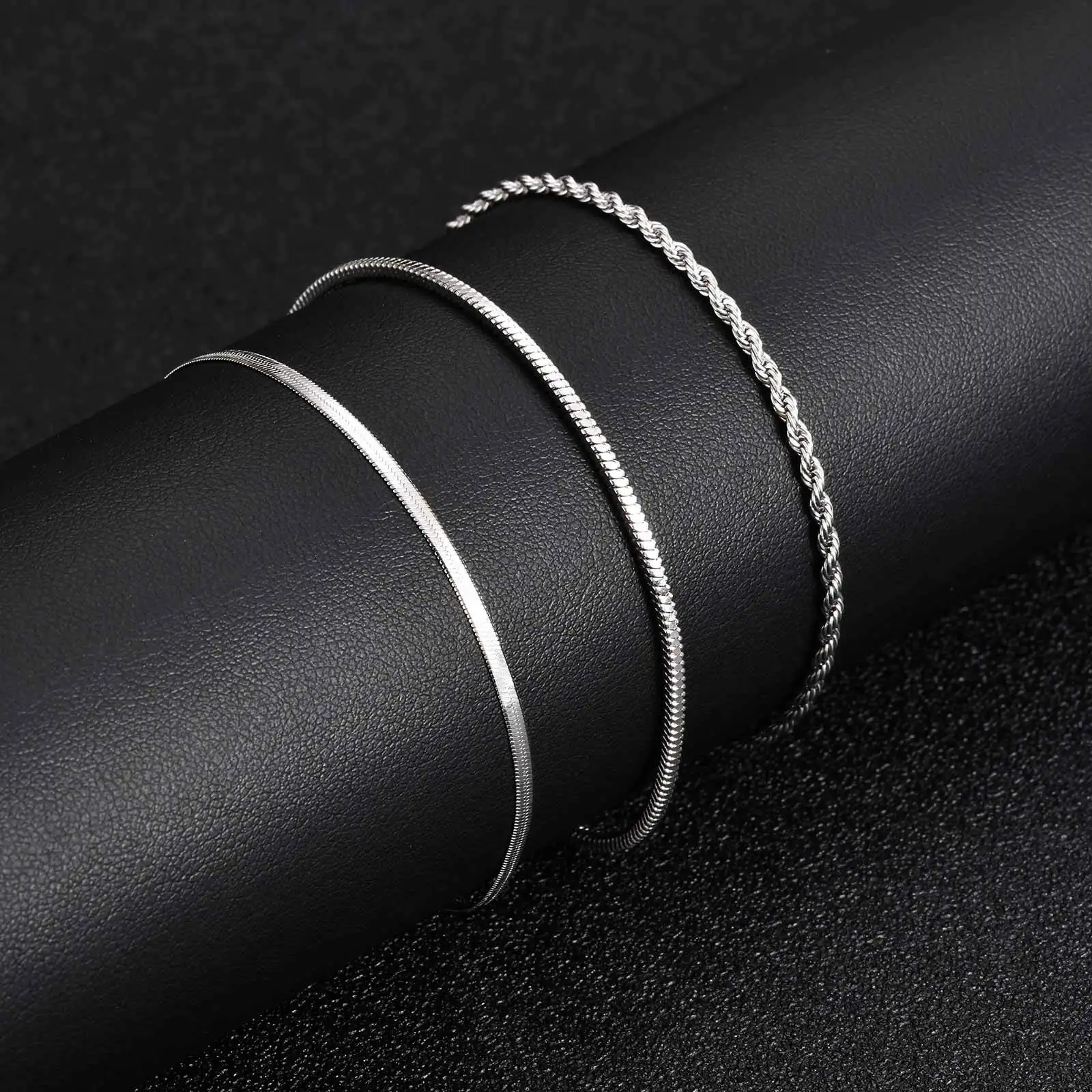 3pcs Men Thin Chain Bracelet,Never Fade Silver Color Twist Chain Wristband,Stylish Punk Jewelry Gift