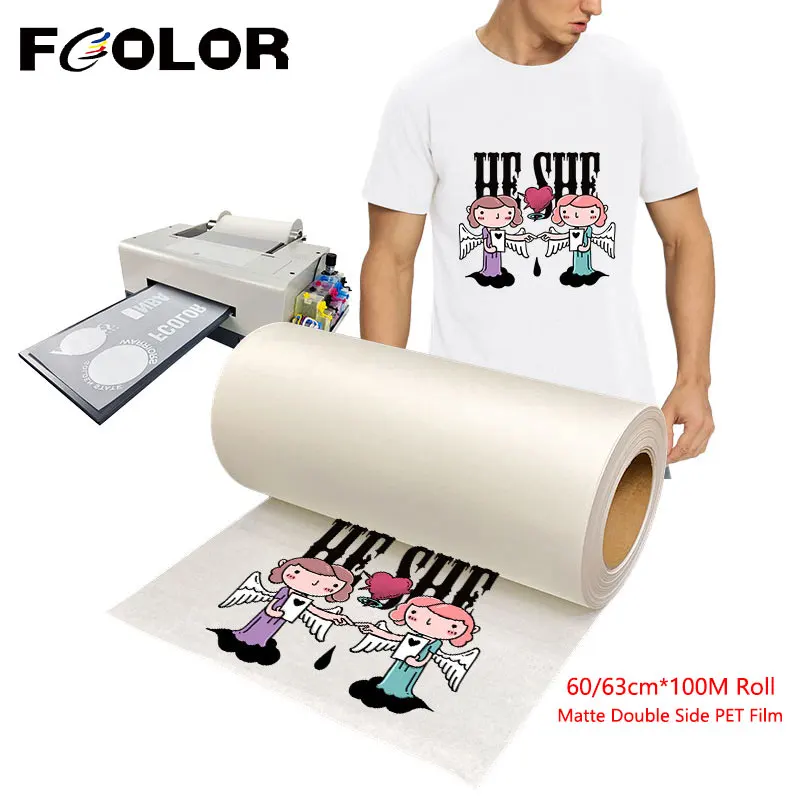 

Fcolor DTF PET Film Roll 60/63cm*100m Matte Double Side Film Roll Heat Transfer PET Film I3200 XP600 DTF Printer T shirt Printed