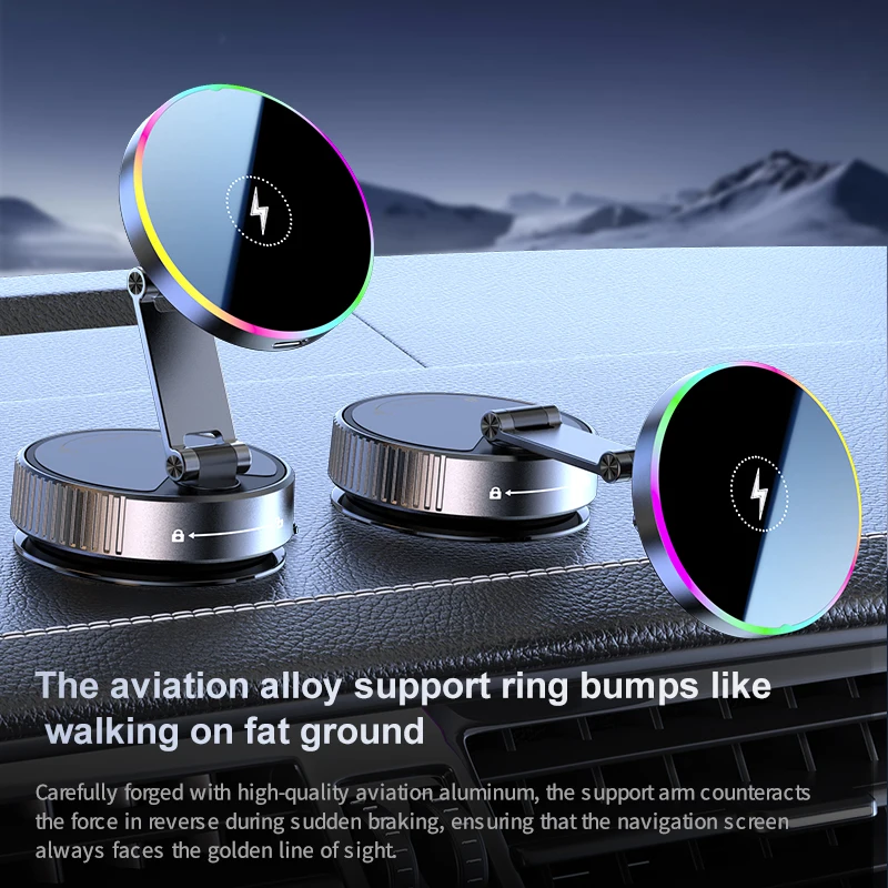 15W Wireless Car Charger with RGB Lighting and Vacuum Suction Cup