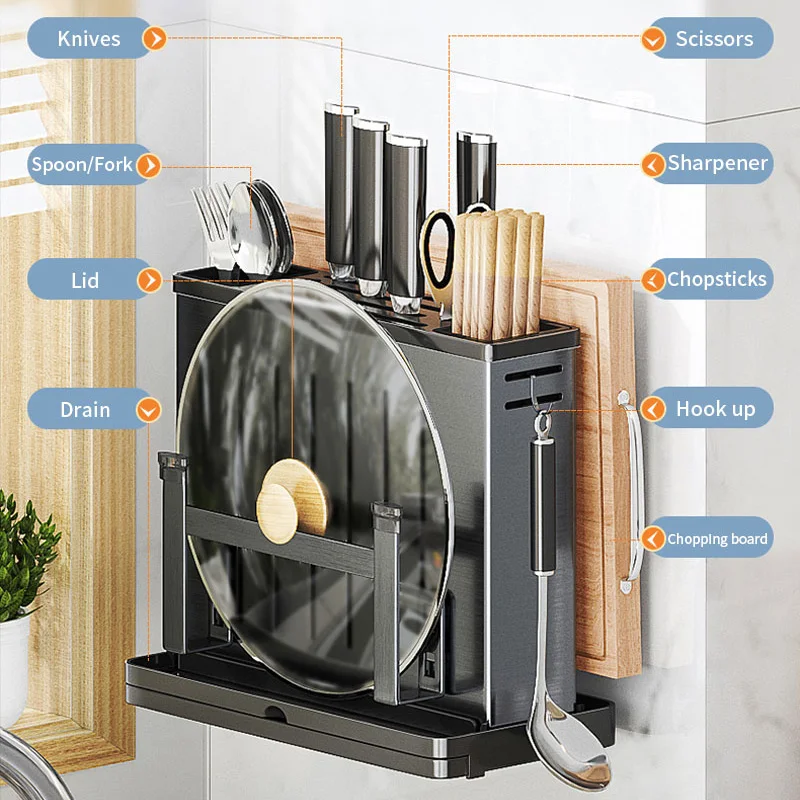 Kitchen Organizer Stainless Steel Fork Spoon Knife Stand Holder Cutting Board Cutlery Storage Shelf Drain Racks Access |