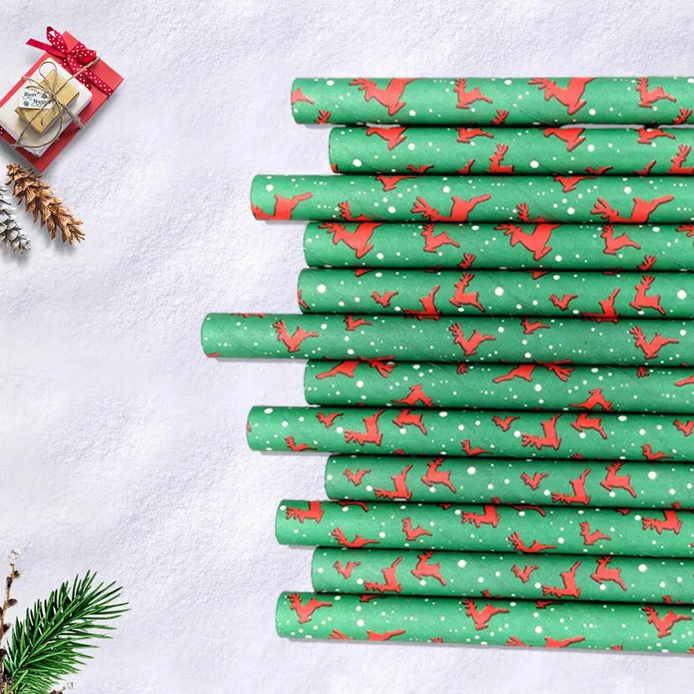 100Pcs Christmas Straws Festive Print Disposable Paper Drinking Straws Biodegradable Paper Christmas for New Year Party
