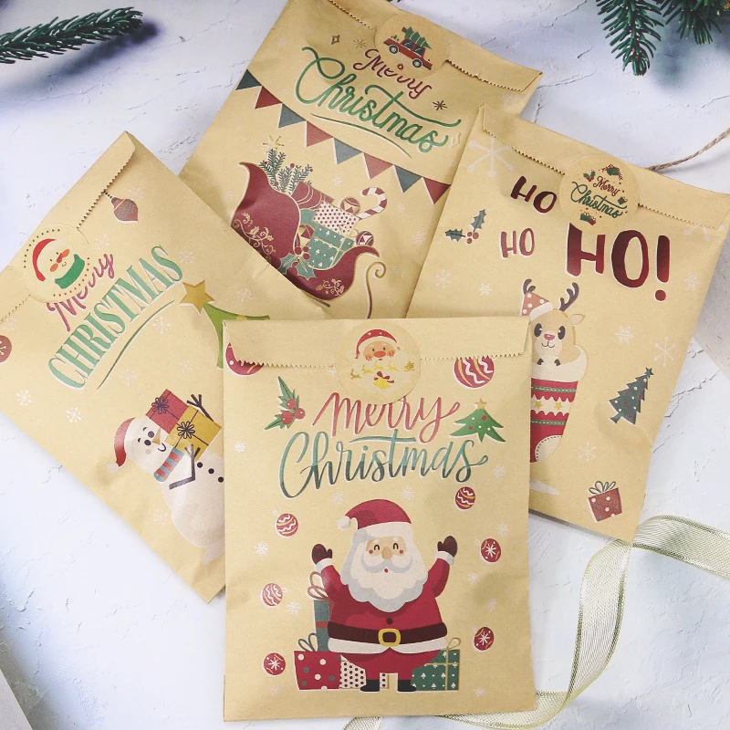 24Set Christmas Kraft Paper Bags Santa Claus Snowman Xmas Party Favor Bag Christmas Candy Cookie Gift Bag Pouch Wrapping Supply
