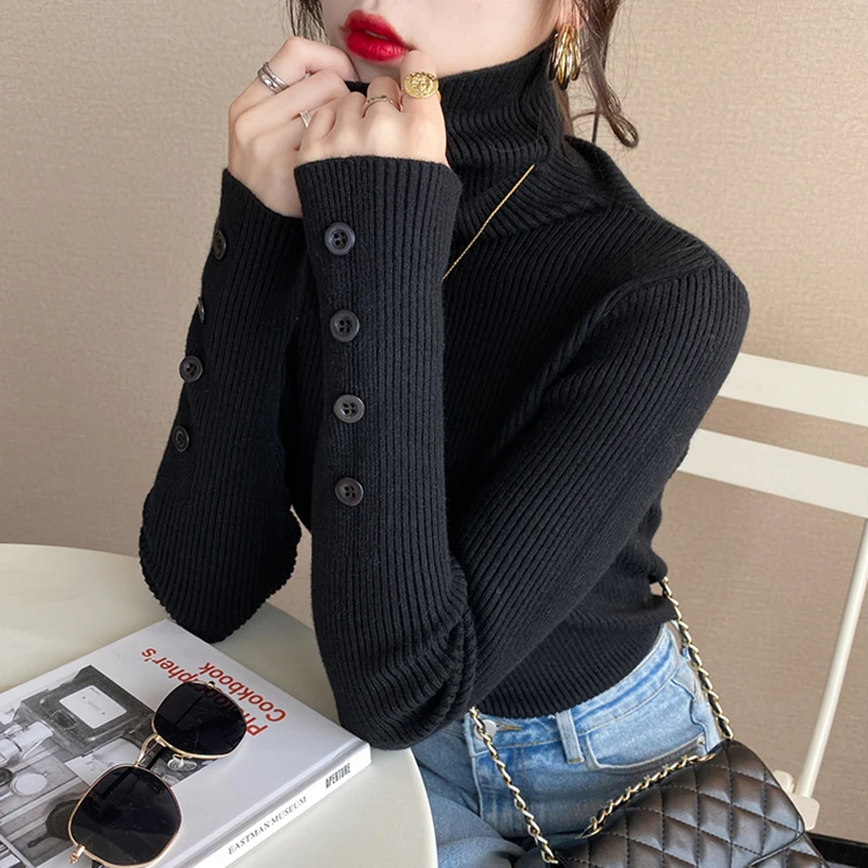 Thick Cashmere Knitted Sweater Women 2022 Autumn Winter Korean Turtleneck Long Sleeve Button Pullover Female Jumper Knitwear blue sweater Sweaters