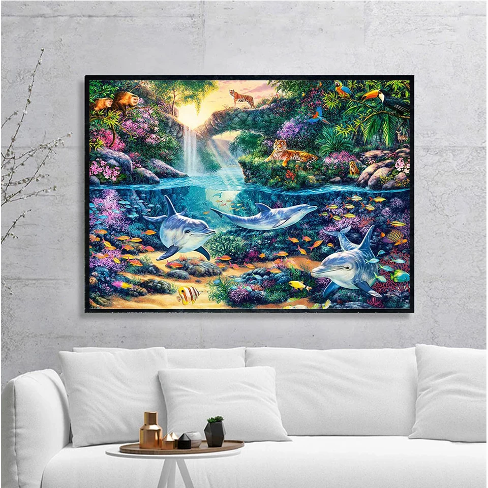 

5D Diamond Mosaic Dolphin Diamond Painting Full Square Drill Embroidery Ocean Landscape Beaded Needlework Cross Stitch Kit Decor