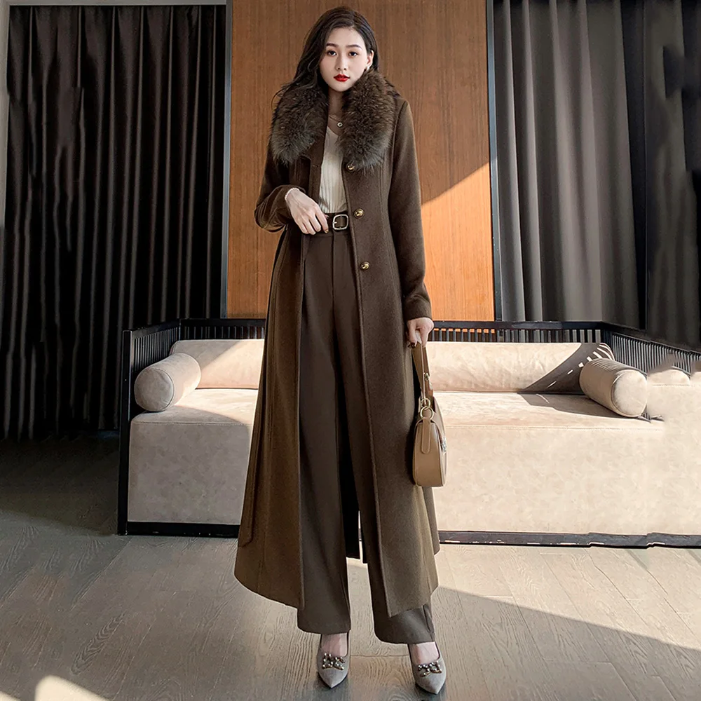 

New Women Autumn Winter Dark Brown Woolen Coat Fashion Big Fur Collar Single Breasted Slim Wool Blended Overcoat With Belt