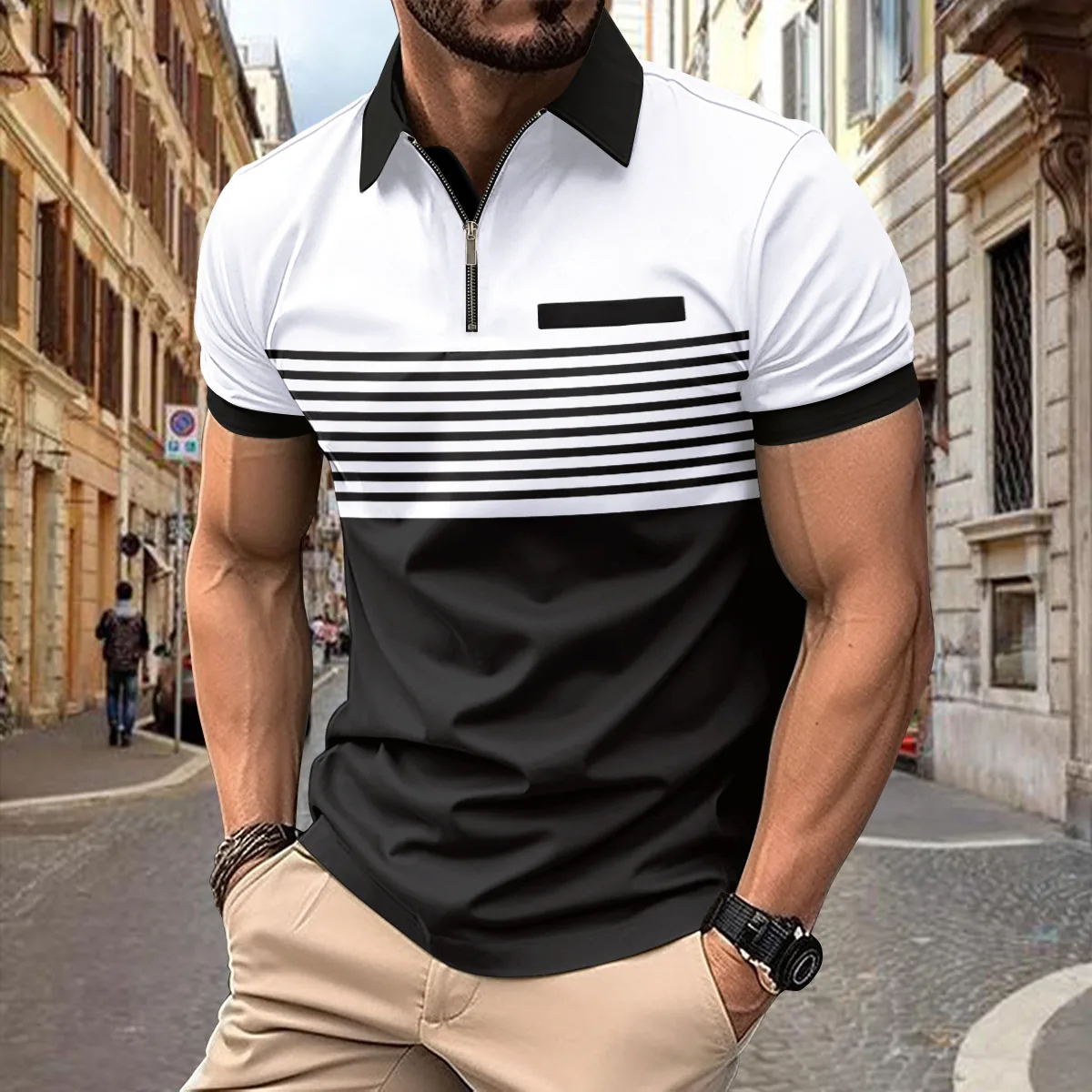 Fashionable mens summer striped T-shirt color blocked 3D digital printing zipper polo shirt business casuallapelshortsleevedpolo 14 Sdbf64478811647ccb73233aacca3e859u