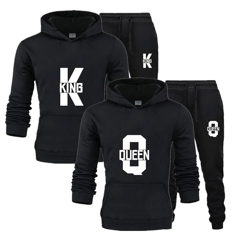 Fashion Lover Couple Clothing Sportwear Set KING QUEEN Printed Hooded Clothes 2PCS Set Women Hoodie and Pants Suit Hoodies 3