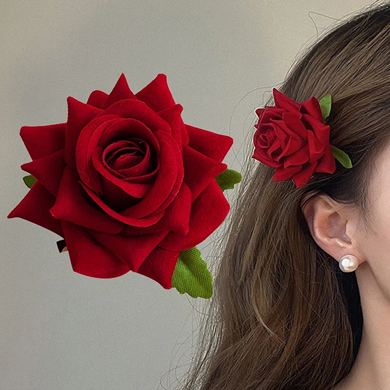

1PC Fabric Retro Red Pink Rose Flower Classy Elegant Fashionable Hairpin Side Clip Hair Accessories Party DIY Gift
