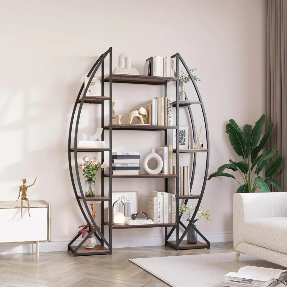 Large Oval Bookshelf, 70“ Tall Open 5 Tier Industrial Bookcases, Modern Etagere Bookcase Furniture, Wall Units for Living Room, 6