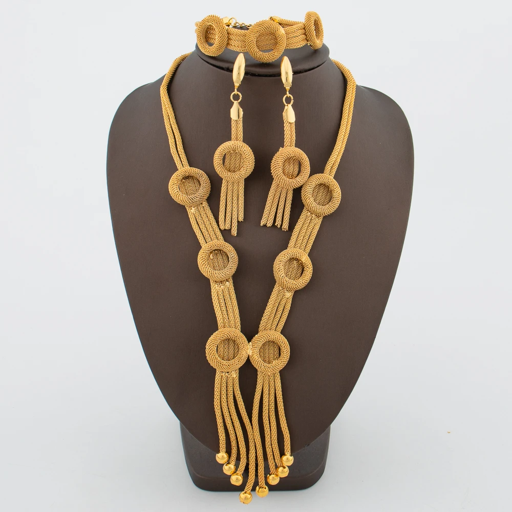 

Dubai Gold Plated Jewelry Set for Women Weddings Party Necklace Earrings with Bracelet Set for African Braid Necklace Party Gift