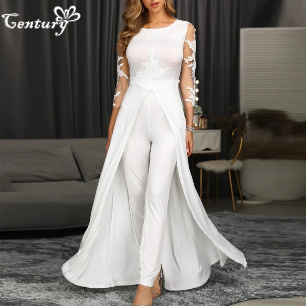 

Women Wedding Jumpsuit 2023 Long Sleeve Lace Appliques Bride Reception Jumpsuit Bridal Pantsuits Vestido De Noiva