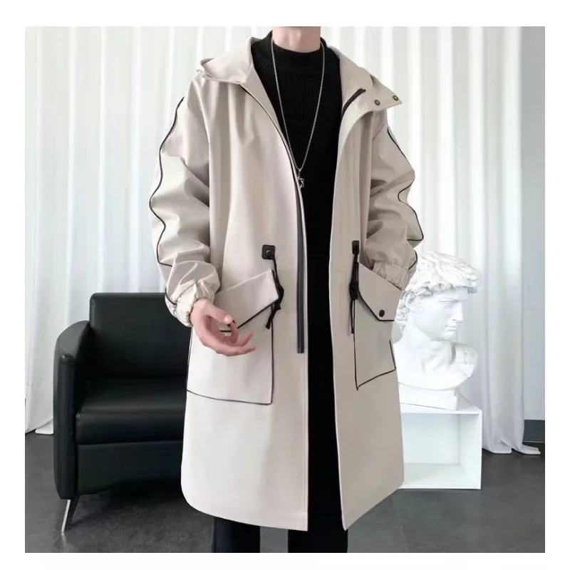 Autumn and Winter New Windbreaker Men's Mid Length Over Knee Hooded Coat Korean Loose Cloak Warm Coats Mens Jacket