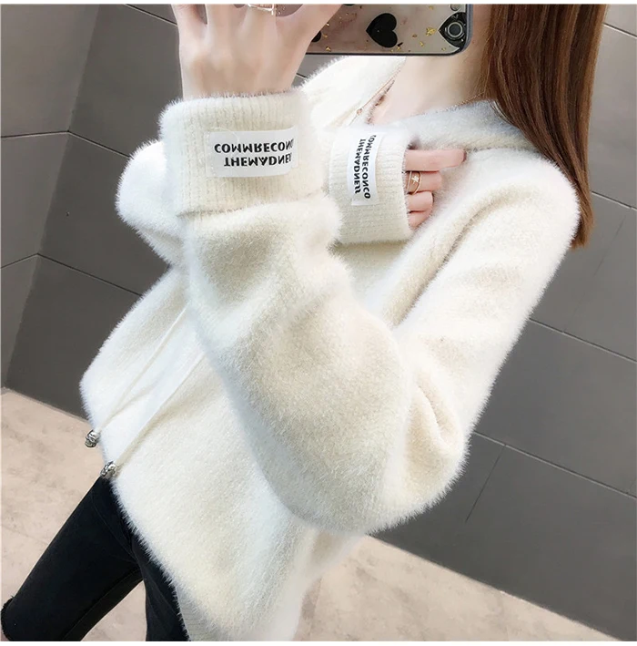 Autumn Winter New Sweater Women Imitation Mink Velvet Korean Plus Velvet Thick Knitted Sweaters Loose Hooded Sweater Female green cardigan