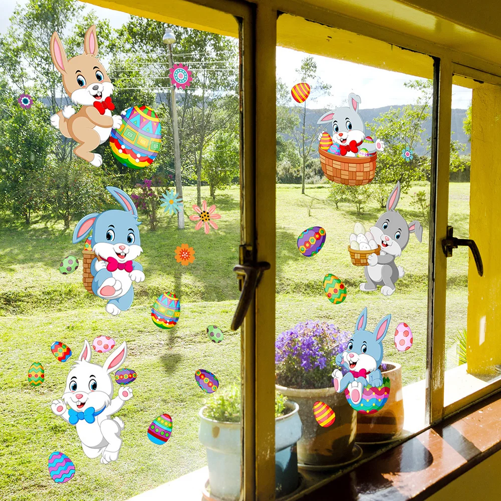 2 Sheets Easter Rabbit Window Sticker Colored Eggs Wall Sticker DIY Wallpaper Wall Decals Festival Home Decor Crafts wall stickers window stickers