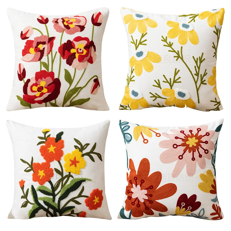 New Canvas With Embroidered Cushion Cover Pillow case Pastoral style For Home Decor /Office Living Room 45cm No Filler Flower 1