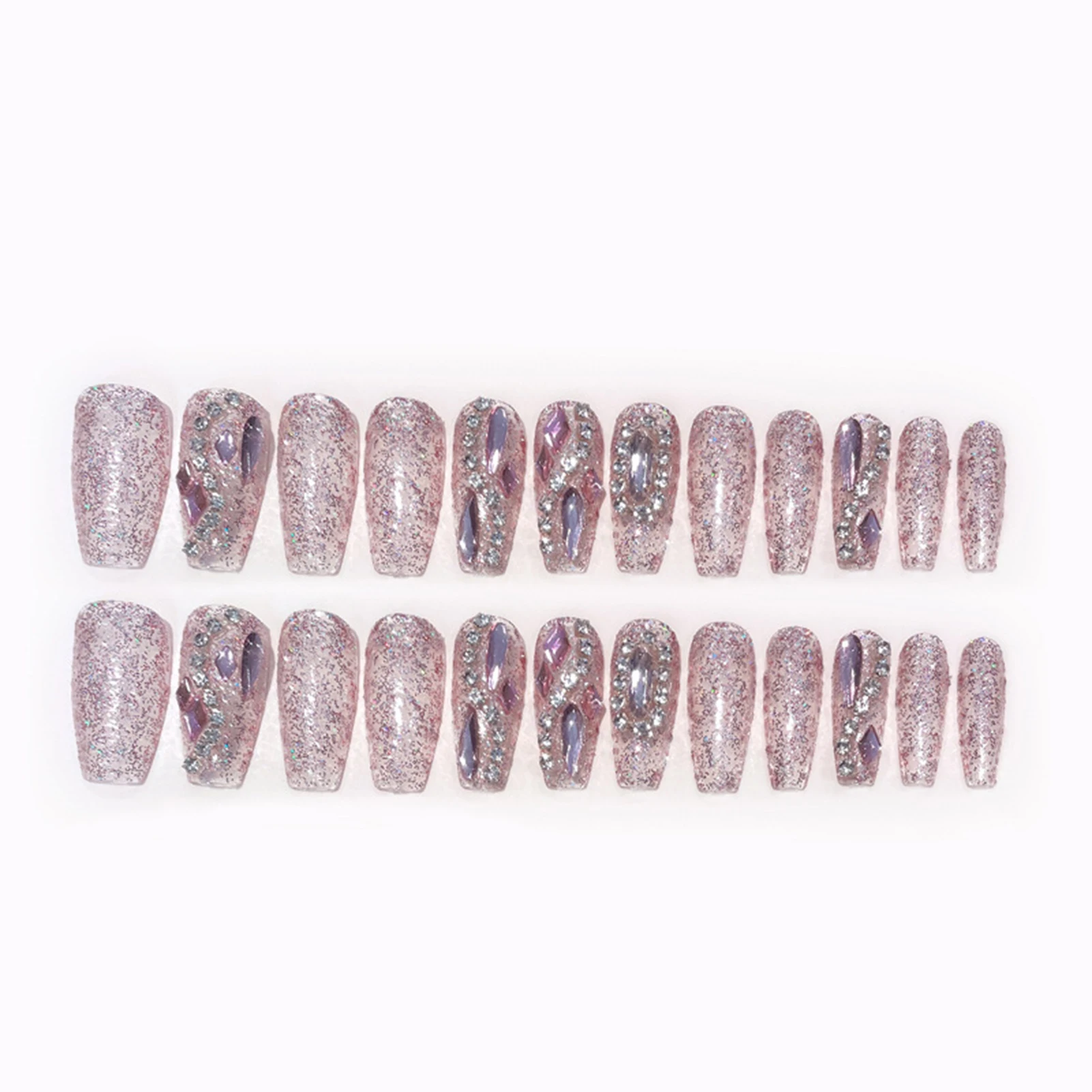 풀 라인스톤 가짜 손톱 24개 핑크 광택 프렌치 팁 크리스탈 장식 롱래스팅 착용 가능한 네일 아트