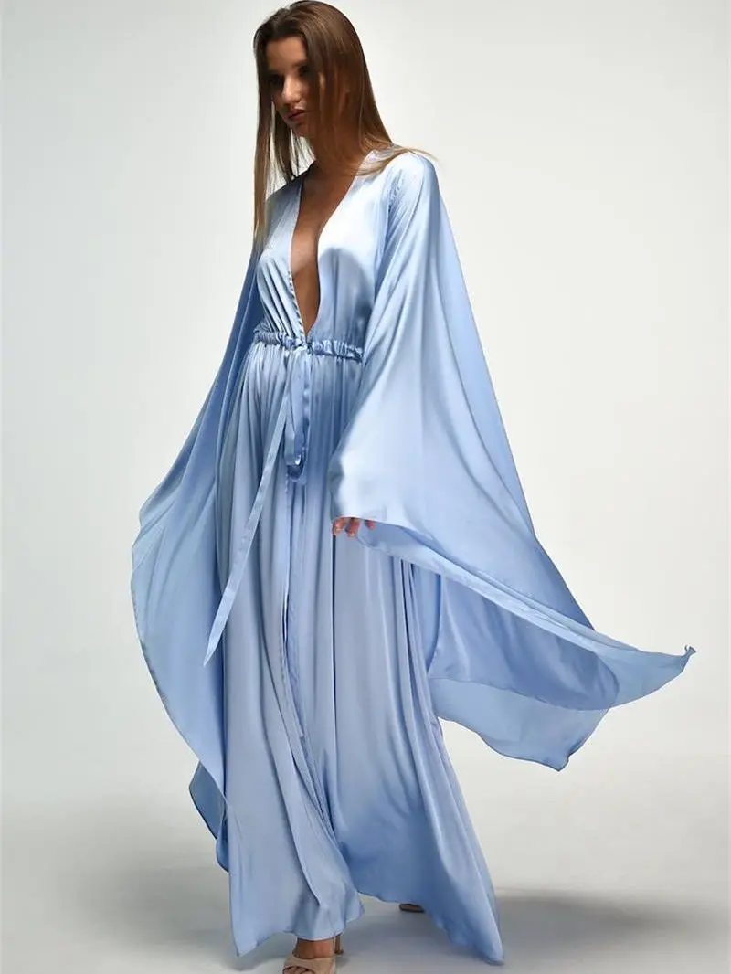 

Sky Blue Bridal Robe for Wedding Flare Long Sleeves Silk Satin Bathrobes Shawl Nightgowns Lingerie Dressing Kimono Cape