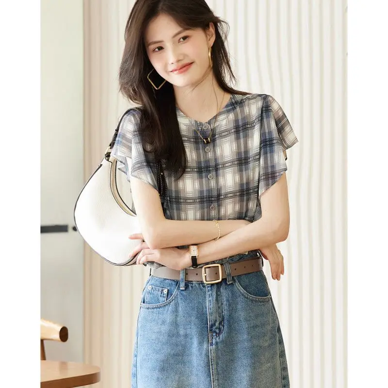 2023 Summer New Round Neck Short Ruffle Sleeves Shirts High Quality Chiffon Design Casual Women\'s Single-breasted Blouse