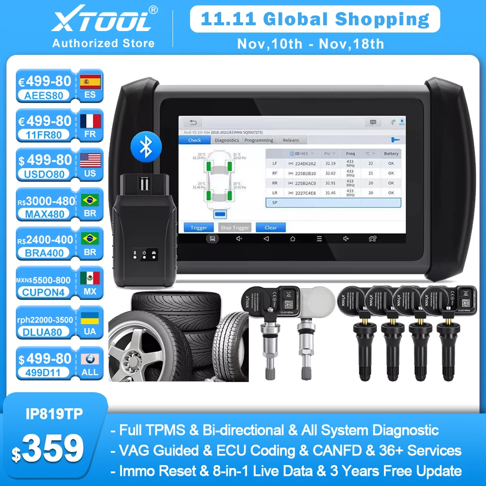 XTOOL InPlus IP819TP Bluetooth TPMS Tire Diagnostic Tool 315MHz & 433MHz, TPMS Diagnose, Relearn, Programming TS100 Sensors