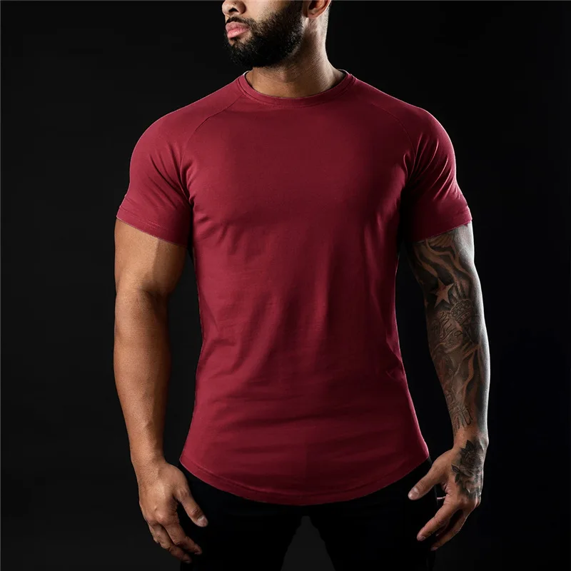 Plain Gym T-shirt Men Summer Fitness Clothing O-Neck Short Sleeve T shirt Cotton Slim Fit Tshirt Bodybuilding Workout Tees Tops 5
