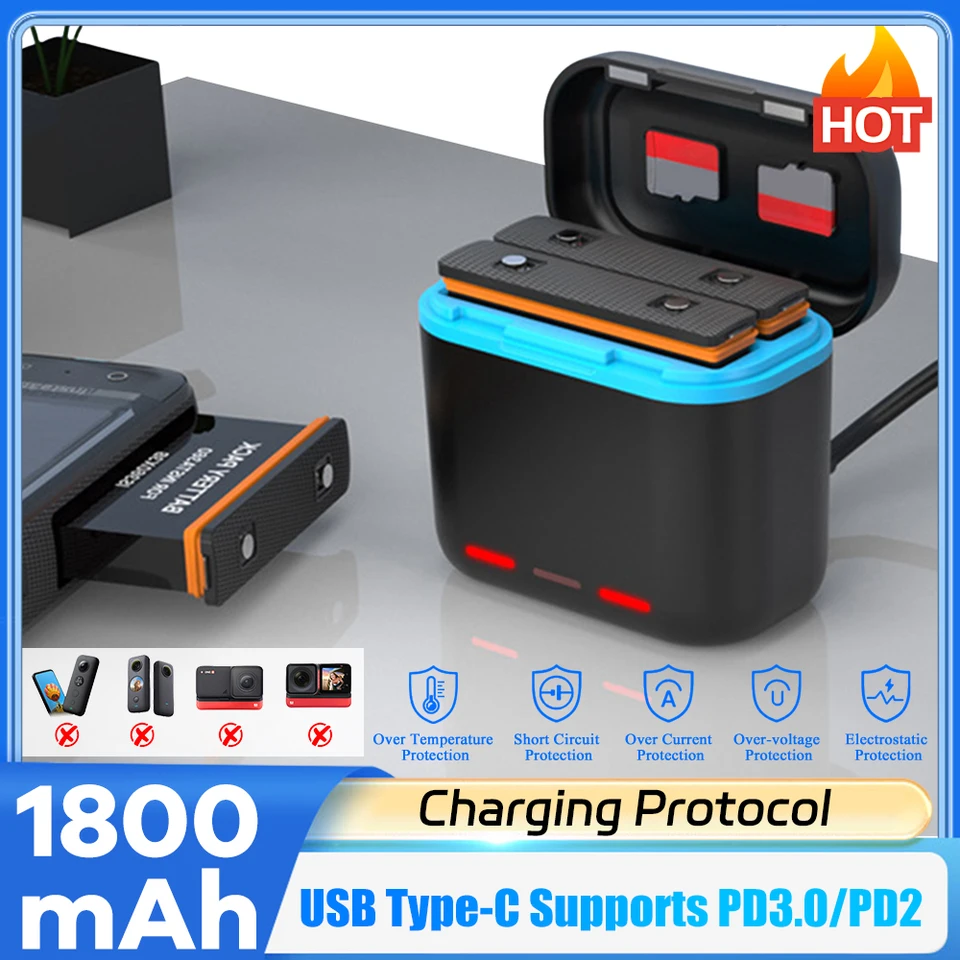 thumbnail interactive-video image 1 of Dual Channel Fast Battery Charger Hub For Insta360 X3 - LED Indicator, Safety Protection, Portable Case 1 of 5