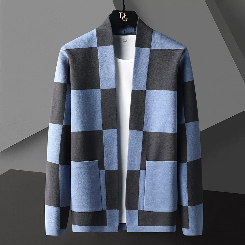 

Autumn New Knitted Cardigan Sweater Trend Brand Fashion Plaid Cardigan Coat Men Leisure Yellow Blue Mens Sweaters