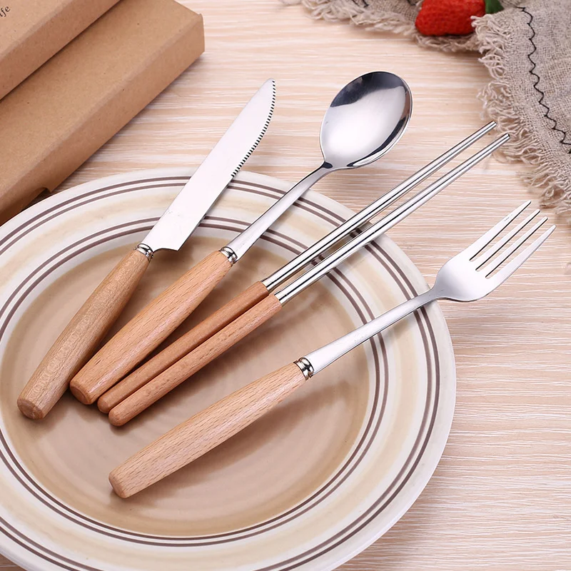 Wooden Handle Cutlery Gift Box Stainless Steel Cutlery Set Household