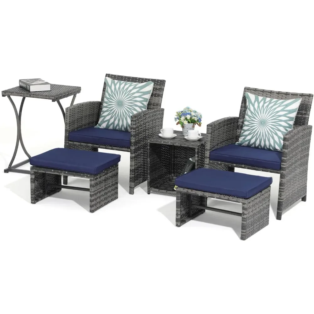 

Набор мебели для террасы 6 шт., уличный серый плетеный стул и стол, мебель для балкона для квартир, темно-синий