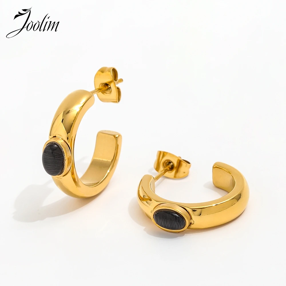 

Joolim Jewelry High Quality PVD Wholesale No Fade Dainty Classic Fashion Oval Black Agate Hoop Stainless Steel Earring for Women