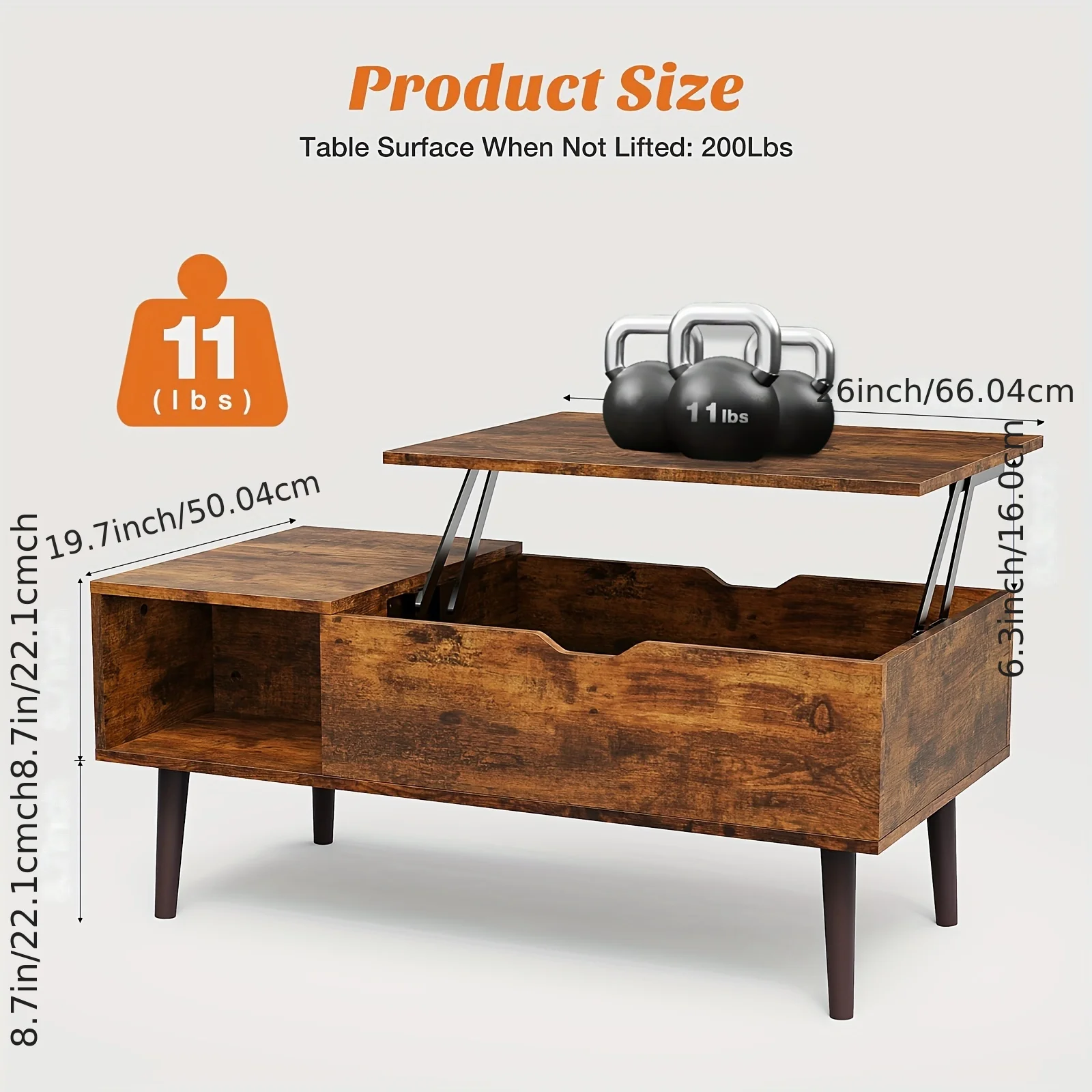 Vintage Lift Top Coffee Table with Hidden Storage, Adjustable Shelf, Durable Wood Construction,