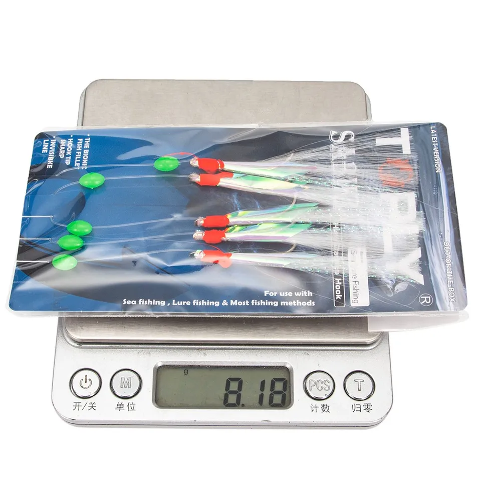 Ellllv 4/0 gancio vera pelle di pesce Sabiki Rig Fishy odore esca esca con 6 pezzi gancio Flash Tinsel pesca in acqua salata sgombro affrontare  18